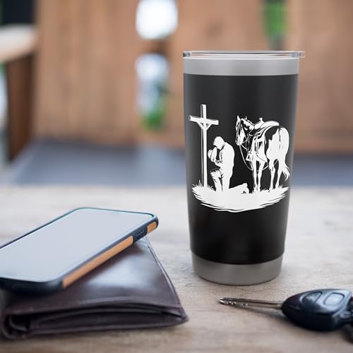 Praying Cowboy Kneeling Cross Western Bible Jesus Horse Stainless Steel Insulated Tumbler - color: Black