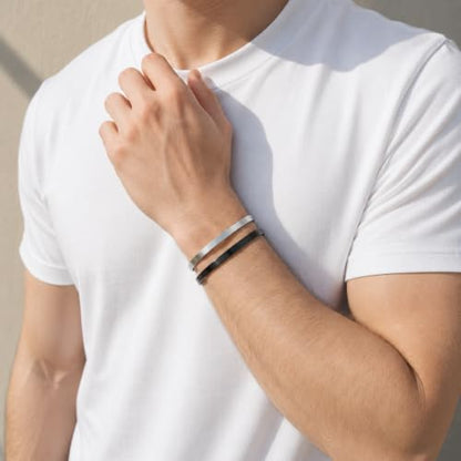 Stainless Steel Cuff Bracelet for Men, Adjustable Open Metal Bangle Bracelet, Minimalist Mens Jewelry Gift - color: black