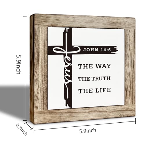 Christian Wooden Desk Decor Sign, Jesus The Way The Truth The Life, Farmhouse Bible Verse John 14:6 Tabletop Sign, Inspirational Religious Faith Decor for Home Office 5.9x5.9 Inches - color: color12