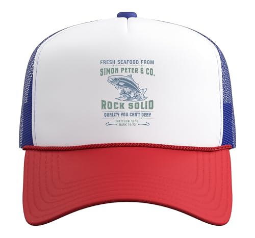 Christian Faith Jesus Simon Peter Funny Seafood Bible Verse Trucker Hat with Adjustable Mesh Back - color: Red/White/Royal Blue