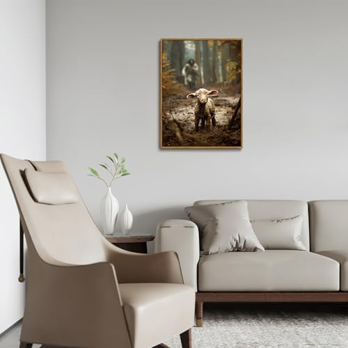 Jesus Running After Lost Lamb Framed Canvas Wall Art 16x24 inch - color: Run after, size: 16"x24" Natural