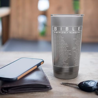 Bible Emergency Hotline Numbers Bible Verse Scripture Gift Stainless Steel Insulated Tumbler - color: Brushed Steel