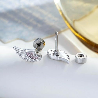 Angel Wing Earrings for Women Statement Flat Back Cartilage Stud Earrings Trendy Angel Wing Helix Piercing Stud Silver Cubic Zirconia Earring Jewelry Accessories - color: Hot Pink