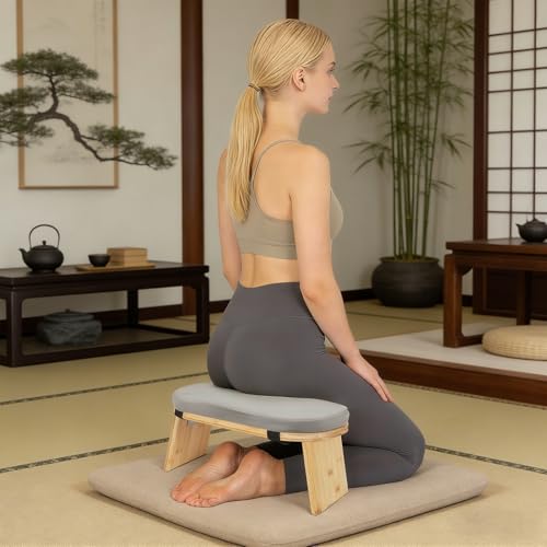 Grey Meditation Bench Foldable Wooden, Ergonomic Kneeling Meditation Stool for Home Yoga Practice, Portable Seiza Bench with Cushion for Prayer and Mindfulness, Folding Legs for Travel Storage
