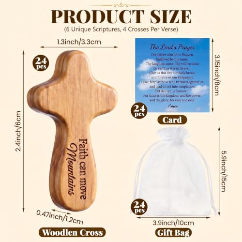 Lewtemi Small Wooden Pocket Cross Bulk 2.4" Mini Bible Verse Cross with Prayer Cards Organza Bags Hand Held Engraved Scripture Christian Encouragement Gift for Church Baptism Favors(Belief,24 Set) - style: Belief