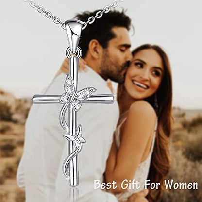 Distance Cross Necklace for Women 925 Sterling Silver Jewelry Pendant Necklace for Mom Wife Gift for Mother's Day or Birthday - style: Butterfly Cross Necklace