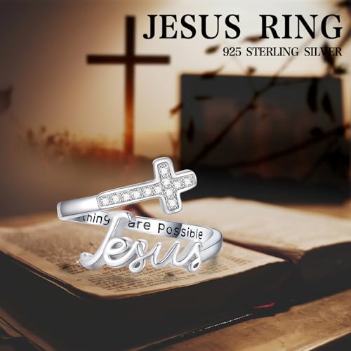 Jesus Cross Ring,Sterling Silver Adjustable Open Faith Cross Religious Ring Christian Inspiring Incentive Jewerly Gifts for Women