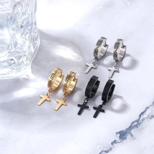 Cupimatch 3-6 Pairs Stainless Steel Cross Dangle Huggie Hinged Hoop Earrings for Men Women (1 Pair Silver Cross) for Mother's Day - color: hoop-gold