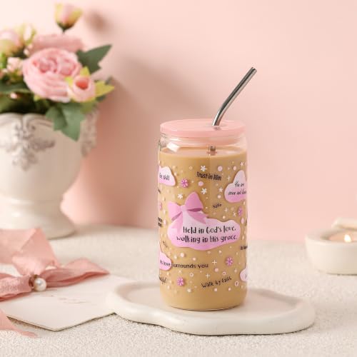 Christian Gifts For Women – Bible Verse Coffee Mug 16oz, My Daily Bible Affirmations Tumbler, Religious Gift & Bible Accessories for Sister, Iced Coffee Cups with Lid & Straw, Pink Bow Design - color: Pink bow