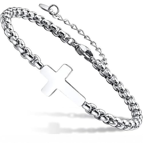 Gothic Cross Chain Bracelets for Men Women Vintage Silver Black Stainless Steel Cross Charm Bracelet Adjustable Minimalist Bracelet Christian Religious Jesus Confirmation Cool Jewelry - color: Silver