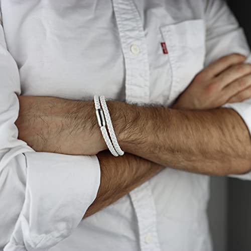 globi Leather Bracelet For Men | Genuine Wrap Braided Leather Cuff Bangle Bracelet with Magnetic Stainless Steel Clasp For Men/Women - color: White