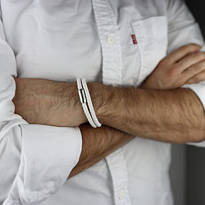 globi Leather Bracelet For Men | Genuine Wrap Braided Leather Cuff Bangle Bracelet with Magnetic Stainless Steel Clasp For Men/Women - color: White