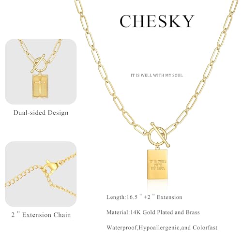 CHESKY Cross Necklace for Women Trendy, Dainty 14K Gold Plated Paperclip Charm Necklace for Womens Chunky Cross Pendant Necklace Gold Jewelry Religious Christian Gifts for Christians - color: IT IS WELL WITH MY SOUL