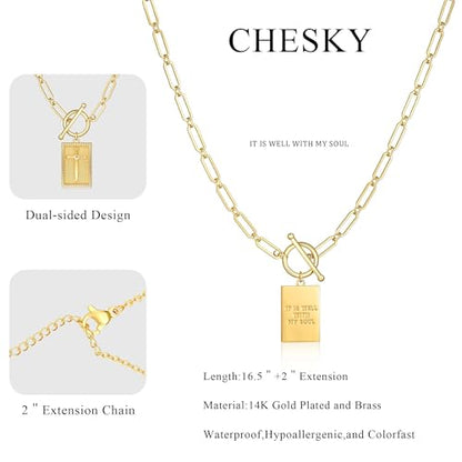 CHESKY Cross Necklace for Women Trendy, Dainty 14K Gold Plated Paperclip Charm Necklace for Womens Chunky Cross Pendant Necklace Gold Jewelry Religious Christian Gifts for Christians - color: IT IS WELL WITH MY SOUL