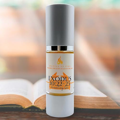 Exodus 30:22-25 Anointing Oil 1oz. Recipe from God to Moses: 500 shekels of Myrrh, 250 Each of Fragrant Cinnamon and Calamus, 500 of Cassia, and a hin of Olive Oil.