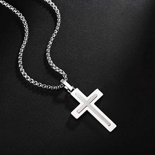 Men's Stainless Steel Cross Necklace,Two-Tone Black & Blue Carbon Fiber Pendant - Included Gift Box - style: Silver XL003