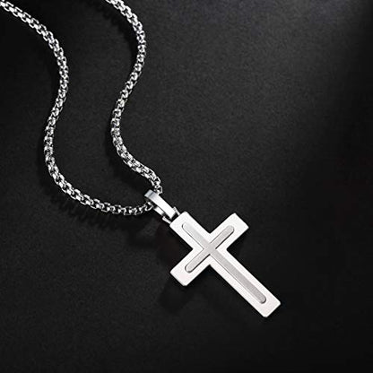 Men's Stainless Steel Cross Necklace,Two-Tone Black & Blue Carbon Fiber Pendant - Included Gift Box - style: Silver XL003