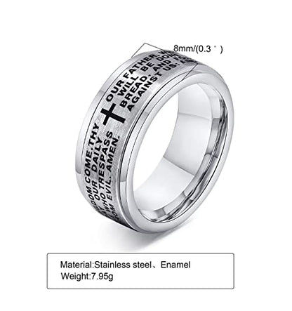 Cross Fidget Anxiety Worry Spinner Rings Stainless Steel I Can Do Bible Prayer Amen High Polished Bands Silver, Size 6 - color: our father,silver