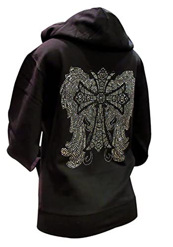 Black and Silver Rhinestone Cross and Angel Wings Black Zipper Hoodie - size: X-Small
