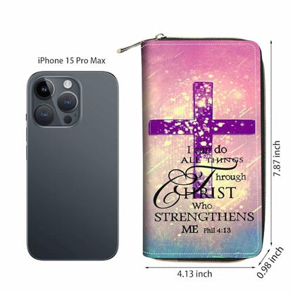 Women's Christian Cross Bible Verse Phil 4:13 Print PU Leather Zipper Wallet, Compact, Slim, Large Capacity, 8 Card Slots, Purple - color: Christian Cross Bible Verse Phil 4:13