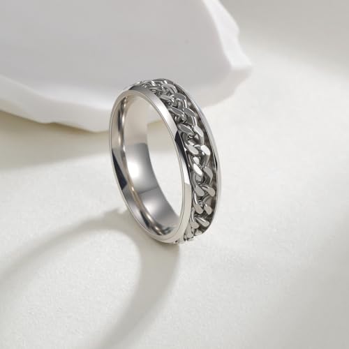 Mens Fidget Rings Anxiety Ring for Men 6mm 8mm Chain Spinner Ring Size 5-14 - color: Titanium Silver Silver