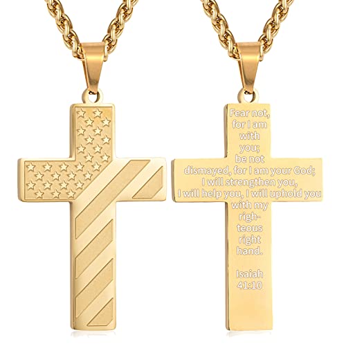 DuoDiner 18+2" Cross Necklace for Men Boys Christian Confirmation Gifts - color: Gold, style: Isaiah 41:10
