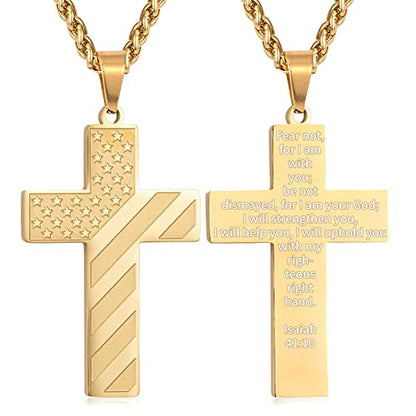 DuoDiner 18+2" Cross Necklace for Men Boys Christian Confirmation Gifts - color: Gold, style: Isaiah 41:10