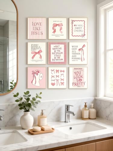Pink Bow Bathroom Wall Art 9Pcs Bathroom Wall Decor Preppy Girly Posters - color: pink