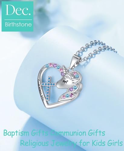Easter Confirmation First Communion Baptism Gifts for Girls,Cross Birthstone Unicorn Necklaces for Daughter Granddaughter Niece Sister Christian Religious Gifts 16+3 Inches - color: 12.December
