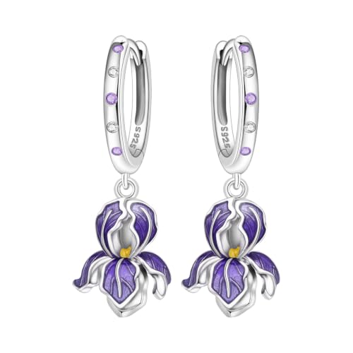 925 Sterling Silver Drop & Dangle Earrings for Women,Butterfly Dragonfly and Bee|Flower and leaf Earrings, Suitable for Sensitive Ears Fashion Jewelry Gift- Hypoallergenic Earrings - color: Purple Iris Earrings