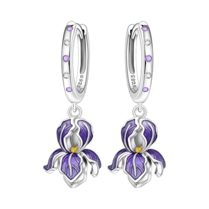 925 Sterling Silver Drop & Dangle Earrings for Women,Butterfly Dragonfly and Bee|Flower and leaf Earrings, Suitable for Sensitive Ears Fashion Jewelry Gift- Hypoallergenic Earrings - color: Purple Iris Earrings