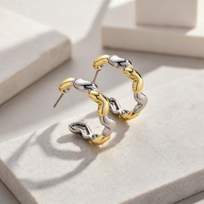 Two Tone Gold Silver Hoop Earrings Mixed Metal Open C Hoop Earrings - color: Heart