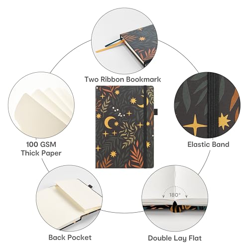 &And Per Se Lined Hardcover Notebook – A5 5.7"x8" College Ruled, 160 Pages, 100gsm Thick Paper – Aesthetic Journal for Women, Gift-Ready Planner, Everyday Writing Notebook (Lunar Leaf) - color: e.Lunar Leaf, style: Lined with Pattern