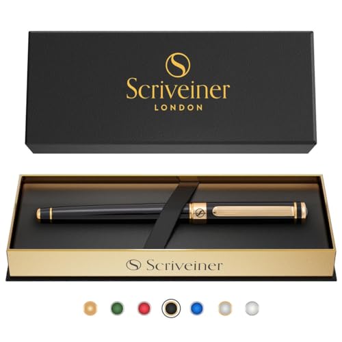 Scriveiner Black Lacquer Rollerball Pen - Stunning Luxury Pen, Real Gold Plating, Schmidt Ink Refill, Best Roller Ball Gift Set for Men & Women, Professional, Executive Office, Nice Pens - color: 1. Black with Gold