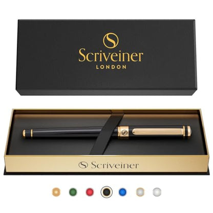 Scriveiner Black Lacquer Rollerball Pen - Stunning Luxury Pen, Real Gold Plating, Schmidt Ink Refill, Best Roller Ball Gift Set for Men & Women, Professional, Executive Office, Nice Pens - color: 1. Black with Gold