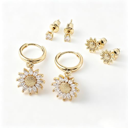 SHERLOVE Gold Earring Stacks Women 3Pairs Dangle Stud Huggie Hoop Set - color: 3 Pairs-Sunflower 01 Stud Gold