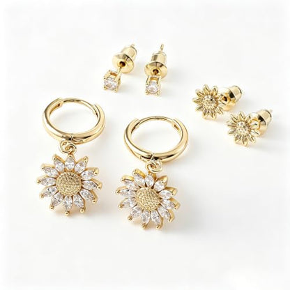 SHERLOVE Gold Earring Stacks Women 3Pairs Dangle Stud Huggie Hoop Set - color: 3 Pairs-Sunflower 01 Stud Gold