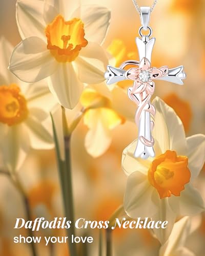 ACECHA Silver Cross Necklace for Women, Crosses Pendant with Birthflower - color: Narcissus-Vitality