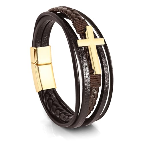 Leather Bracelet for Men Braided Stainless Steel Mens Bracelets - color: Brown-GoldCross