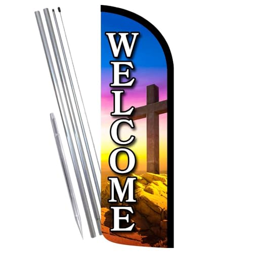Welcome - Church Cross Premium Windless Feather Banner Flag Kit (Flag, Pole, & Ground Mt) - size: Kit