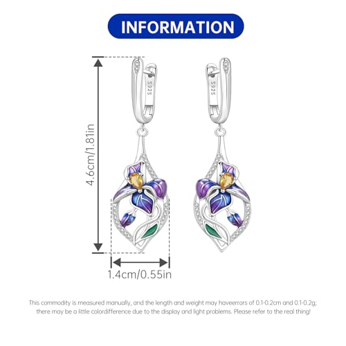 925 Sterling Silver Drop & Dangle Earrings for Women,Butterfly Dragonfly and Bee|Flower and leaf Earrings, Suitable for Sensitive Ears Fashion Jewelry Gift- Hypoallergenic Earrings - color: Blue-purple iris