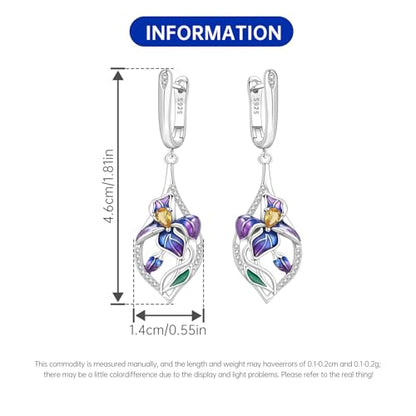 925 Sterling Silver Drop & Dangle Earrings for Women,Butterfly Dragonfly and Bee|Flower and leaf Earrings, Suitable for Sensitive Ears Fashion Jewelry Gift- Hypoallergenic Earrings - color: Blue-purple iris