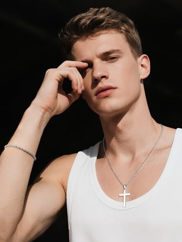 NORBU Stainless Steel Cross Necklace and Bracelet Set for Men, Cuban Link - color: Silver Rope