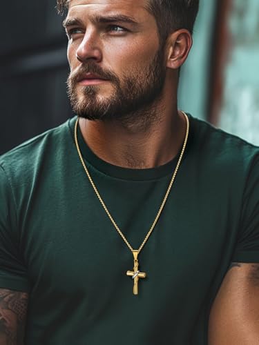 FaithHeart Stainless Steel Cross Necklace for Men, Silver/Black/Gold Cross Chains for Men Religious Amulet Necklaces Christian Gifts for Dad - style: Wrap Cross-Gold