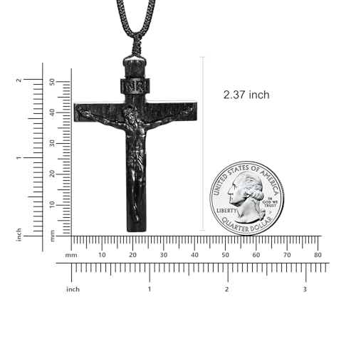 Rnivida Natural Wooden Crucifix Cross Necklace for Men - Handmade Adjustable Rope Chain with Large Religious Pendant, Catholic Christian Spiritual Jewelry Gifts - color: Black