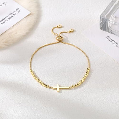 Moodear Cross Bracelet for Women, Dainty Sterling Silver/Gold Plated Gift - color: Bead Gold Cross Bracelet
