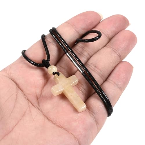 Justinstones Natural Gemstone Carved Cross Reiki Chakra Pendant Necklace 22 Inch - color: 30mm Yellow Jade