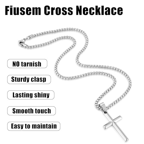Fiusem Beveled Edge Cross Necklace for Men - size: 16 inches, style: Silver cross: 1.4"*0.8"