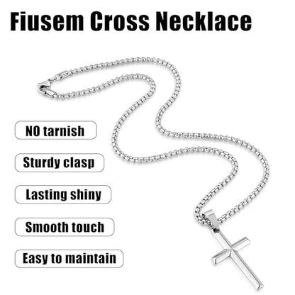 Fiusem Beveled Edge Cross Necklace for Men - size: 16 inches, style: Silver cross: 1.4"*0.8"