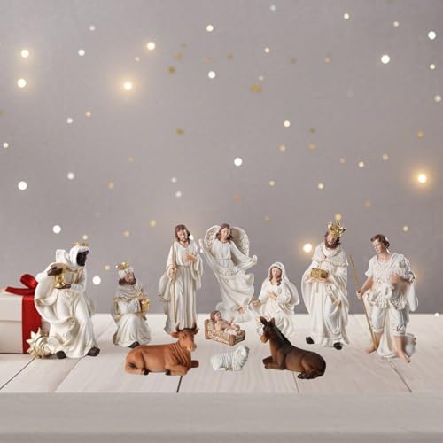 Christmas Nativity Set Figurine,Hand Resin Craft Statue Nativity Scene Indoor,Baby Jesus Holy Family Firguines Statue, Nativity Sets for Christmas Indoor, 11 Pcs - color: White